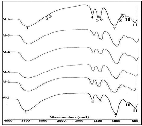 Figure 12. FTIR comparison spectra of different mixtures (M-1 to M-6) of alkali activated binders represented variation in bands. [1: vibration bending for O-H bond, 2-3 bonds for organic matter, 4: extending for H-O-H vibration, 5–6: CO2’s elongation vibration, 7: The (T-OSi) location of an asymmetric elongation vibration. 8–9: Si-O bending bands.10: Si-O-Si & AlO-Si asymmetric vibrations of elongation. 11: Si-O and O-Si-O vibrational cause bends in.