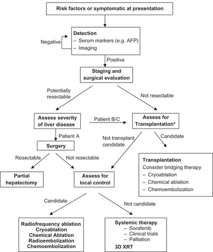 Figure 1 A general strategy for management of hepatocellular carcinoma based on tumor burden and the degree of liver disease. This algorithm depicts various treatment options that are used in the clinic depending upon the disease severity and the patient’s previous medical history.