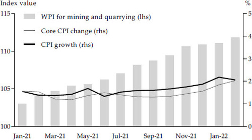 FIGURE 3 Consumer Price Index and Wholesale Price Index for Mining and Quarrying Commodities, 2021–22Source: CEIC (Citation2022).Note: The core consumer price index (CPI) change excludes transitory or temporary price volatility and represents the long-run trend in the price level. WPI stands for wholesale price index (base: 2018 = 100).