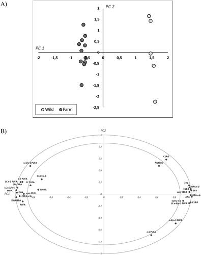 Figure 1. Principal component analysis (PCA). (A) PCA of wild (N = 5) and farm origin grayling eggs (N = 11) based on fatty acid (FA) content (% of total), FA ratios and protein content (see Table 1). (B) Projections of loading densities for the first two principal components of FA content (% of total), FA ratios and protein content (same as in Table 1), affecting distribution of egg samples in (a).