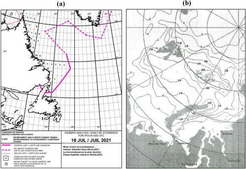 Figure 3. (a) Example iceberg chart by Canadian Ice Service (Citation2021b), (b) example of contour lines by Abramov (Citation1996) indicating the annual occurrence probability of icebergs in the Arctic sea.