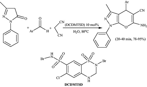 Scheme 41. Synthesis of 1,4-dihydropyrano[2,3-c]pyrazoles using N,2-dibromo-6-chloro-3,4-dihydro-2H-benzo[e][1,2,4] thiadiazine-7-sulfonamide-1,1-dioxide (DCDBTSD).