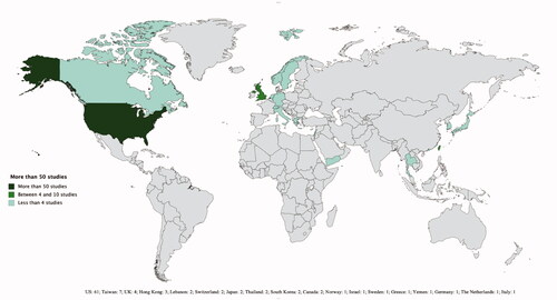 Figure 2. Geographical map visualizing the number of studies conducted in each country according to colour (i.e., darker colour = more studies conducted in that country).