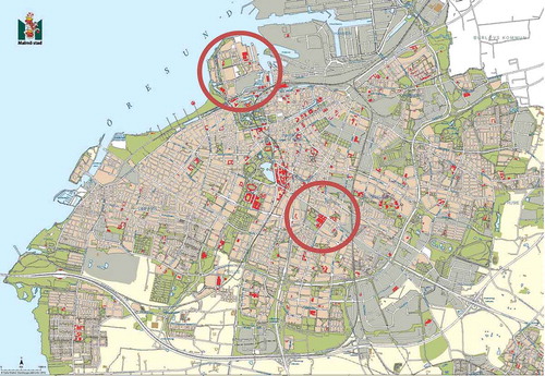 Figure 1. Map of Malmö, demonstrating its coastal location. Two of Malmö’s main climate change/sustainability planning projects are circled. On the coast, is Western Harbour, a former brownfield. In the centre, is the retrofit of Augustenborg. This map was provided with permission from the City of Malmö.