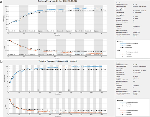 Figure 8 The training curves of accuracy and loss of multiclassification using AlexNet (a) and custom CNN (b).