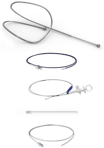 Figure 1 The system (RePneu®, Lung Volume Reduction Coil System, PneumRx, Inc. Mountain View, CA USA) consists of a cartridge, catheter, guidewire, forceps and coils suitable for single patient use.