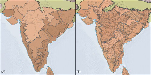 Figure 3. (A) Named Landforms of the World, version 1.0 at scale of 1:20,000,000 based on a manual editing workflow showing division, province, and landform boundaries of India. (B) Improved Named Landforms of the World, version 2.0 at scale of 1:20,000,000 based on an automated workflow showing greater detail and precision of division, province, and landform boundaries of India.