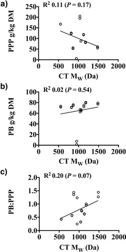 Figure 1. Correlations between weight-average molecular weight (CT MW) of condensed tannins from warm-season perennial legumes. (a) Protein-precipitable phenolics (PPP g/kg DM), (b) amount of protein bound by protein-precipitable phenolics (PB g/kg DM), and (c) amount of protein bound (g) per g of protein-precipitable phenolics (PB/PPP).