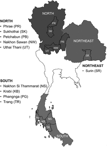 Figure 1. Map showing sampling areas in three different regions of Thailand.