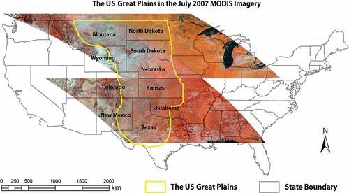 Figure 1. The US Great Plains in the four tiles of July 2007 MODIS images (bands 2, 4, and 3 false color composite).