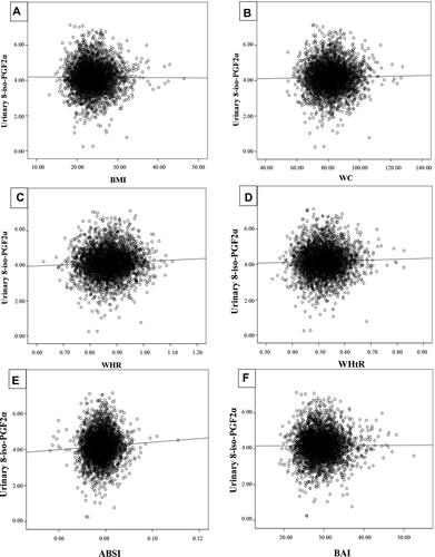 Figure 1 Associations between different weight-related anthropometric indices and urinary 8-iso-PGF2α in baseline, adjusted for potential confounders (N=3762). Figures A to F represent the scatter plots of BMI (kg/m2) (A), WC (cm) (B), WHR (%) (C), WHtR (%) (D), ABSI (m7/6/kg2/3) (E), BAI (0.01m-0.5) (F), and urinary 8-iso-PGF2α concentrations, respectively. All models were adjusted for age, gender (male/female), city (Wuhan/Zhuhai), education (middle school or below/high/university or beyond), smoking status (current or former smoker/never smoker), alcohol status (current or former drinker/never drinker), exercise (time for physical activity), intake frequency of each food type (fruit (≤4/>4 times/week), meat (≤4/>4 times/week), smoked food (≤1/>1 time/week), cooking (yes/no), history of hypertension (yes/no), diabetes (yes/no), coronary heart disease (yes/no).Abbreviations: WC, waist circumference; BMI, body mass index; WHR, waist-to-hip ratio; WHtR, waist-to-height-ratio; BAI, body adiposity index; ABSI, a body shape index.