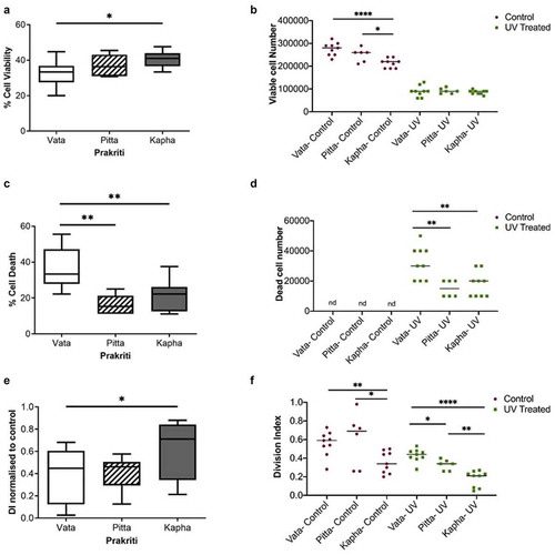 Figure 4. Effect of UV exposure on Prakriti-specific LCLs. (a) Percent cell viability, (b)viable cell number, (c) percent cell death, and (d) dead cell number of Prakriti-specific LCL types in response to UV stress. (e) Division index of Prakriti LCLs normalized to respective untreated controls. (f) Division index of control and UV exposed LCLs (N = 3 (Vata and Kapha) and N = 2 (Pitta), n = 3, error bars denote ±SEM, unpaired t-test ****p < 0.00001, **p < 0.001, *p < 0.05)