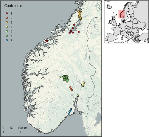 Figure 1. Map showing locations of the assessed stands in Norway, colors indicating the seven contractors that provided the harvester data.