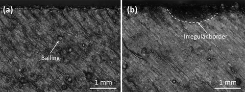 Figure 2. OM images showing typical surface morphologies of SLM specimens fabricated in two melting modes: (a) CM, and (b) KM.