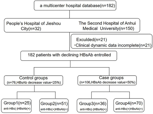 Figure 1 Flow chart depicting the numbers of decreasing crowd screened and enrolled in the study (at the time of enrollment). A declined response to HBsAb indicated that the anti-hepatitis B surface antibody (HBsAb) levels of the recipients were >50% of the baseline levels (first).