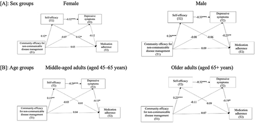 Figure 3 Serial mediation diagram between community efficacy for NCD management, self-efficacy, depressive symptoms, and medication adherence by sex (A), female and male) groups and age (B), middle-aged adults and older adults) groups. Solid-lined curves represent statistical significance. T1 = Time 1; T2 = Time 2. *p < 0.05, **p < 0.01, ***p < 0.001.