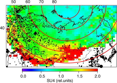 Fig. 6 As Fig. 2 but for the relative parameter SU4 formed from normalised measured data of NTO, NEP, PSA and COM (cf. section 2 for details).