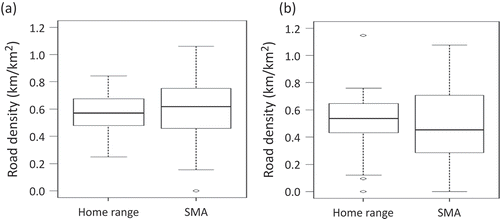 Figure 4. Box plots comparing the road density within all female (a) and all male (b) bear PPA home ranges to their SMAs.