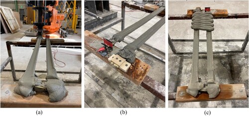 Figure 15. Final result of the c device: (a) printing reinforced filaments, (b) attaching end of the filament and (c) bridging.