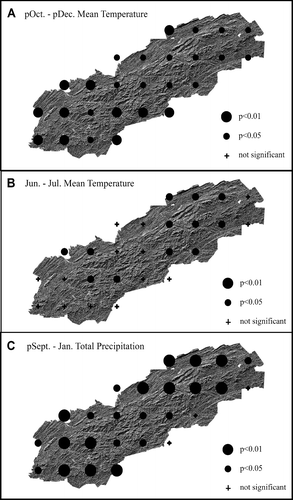 Figure 5 Significant correlations between high-elevation northern red oak PC-1 and seasonal mean temperature and seasonal total precipitation for the Southern Appalachian mountain range.