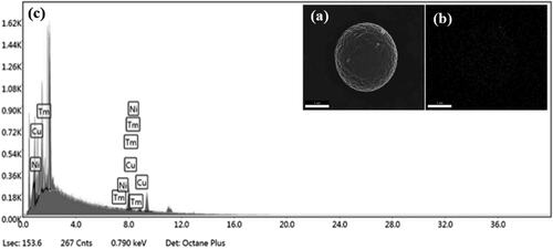 Figure 1. Surface analysis of copper conductive balls using energy dispersive spectrometry (EDS): (a) Surface image of conductive copper balls using scanning electron microscope (SEM), (b) Image of copper-corresponding parts mapped to dots, and (c) Inorganic measurement graph by analyzing the surface image.
