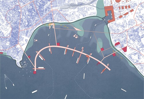 Figure 10. New port city development in light of sea level rise. ‘Floating Fiction’ by Giacomo Pimpini, Jiacheng Xu, Matilda Hoffmann, Meng Chen, Sora Kaito. The proposal has been developed within the Course ‘Adaptive Strategies’ AR0110, led by Carola Hein, John Hanna and Paolo De Martino at TU Delft in 2022.