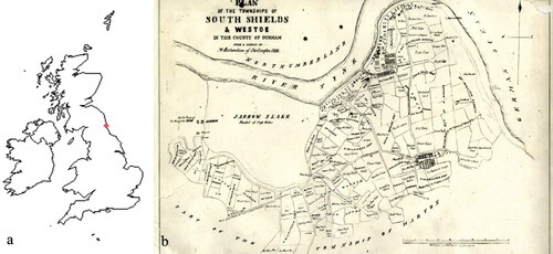 Fig. 5 a) South Shield’s location; b) a historic map of the city.