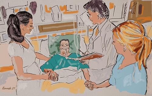 Figure 2 The illustration shows an example of interaction and cooperation between family members and clinicians at the patient’s bedside.