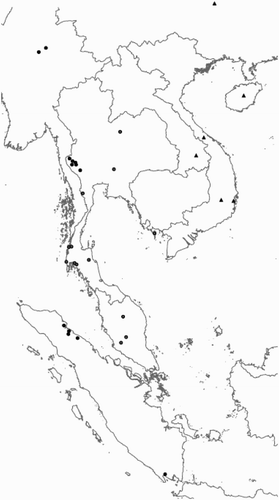 Figure 4. Distribution of the species of the Rhinagrion mima group based on material from this article and hitherto published records. For Thailand, where both R. mima and R. viridatum can occur, only records based on material studied for this article are used. Triangles: R. hainanense; grey dots: R. mima; black dots: R. viridatum.