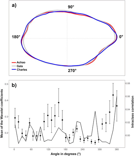 Figure 4. (a) Average shape of the otoliths using wavelet transform for the three sampled areas. Numbers show polar coordinates in angle degree, and doted lines represent the otolith centroid. (b) Mean and standard deviation (dots and whiskers) of the Wavelet coefficient and correlation interclass (solid line).