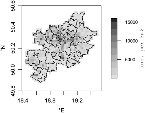 Figure 3. Population density (inhabitants·km−2) in the KUZ aggregated in 2,000 m × 2,000 m grid (Gallego, Citation2010).