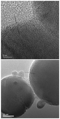 FIG. 5 Conventional TEM images, showing the presence of a thin outer shell-like structure around larger welding fume primary particles. Lattice fringes are apparent in the top image, showing the core of the particle to be crystalline.