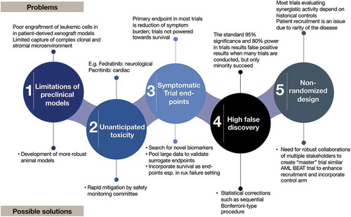 Figure 1. Challenges and possible solutions in drug development in MF.
