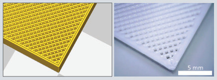 Figure 3. Slicer infill approach.Preview of sliced output as shown in Cura on the left. Infill density is set to 50% with a rectilinear infill pattern. Isometric view of printed object on the right.