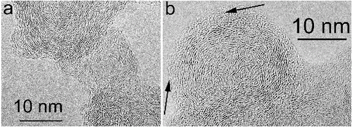 FIG. 6. High-resolution TEM images of (a) bare and (b) coated ns-soot particles from diesel emissions from buses. The arrows in (b) indicate an amorphous coating on carbon nanospheres.