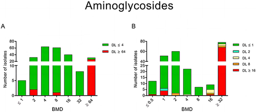 Figure 5 MIC distribution of Aminoglycosides for Enterobacterales ((A) amikacin, (B) gentamicin).