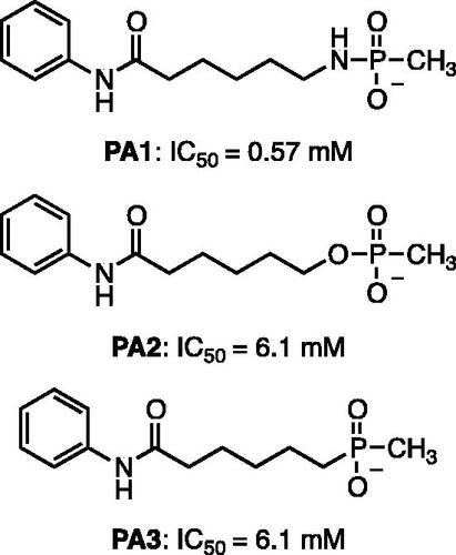 Figure 1. Phosphorus containing SAHA analogues discovered by Kapustin et al. IC50 values reported for Hela cell lysate and 10 h incubation time.