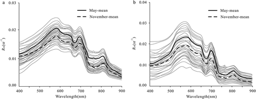 Figure 6. Reflectance spectra collected in (a) Pj and (b) Gq.