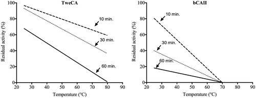 Figure 4. Thermostability comparison of the two CAs belonging to different CA-classes: TweCA, a δ-CA and bCA, an α-CA II. Enzymes were incubated for 10, 30 and 60 min at the temperatures indicated on the X-axis and assayed using CO2 as substrate. All the reactions were performed in triplicate.