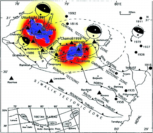 Figure 1. Tectonic map of the Garhwal Himalayan region showing the focal mechanisms of 1991 Uttarkashi earthquake, 1999 Chamoli earthquake and a few other major events of the region. It also shows the epicentres of all the major earthquakes that have occurred in the study area. Coulomb stress change has been shown for Uttarkashi and Chamoli earthquakes, where blue colour (for negative change) and red colour (for positive change) are used to denote the variations of stress change in a graphical manner (modified after Yeats and Thakur 1998).