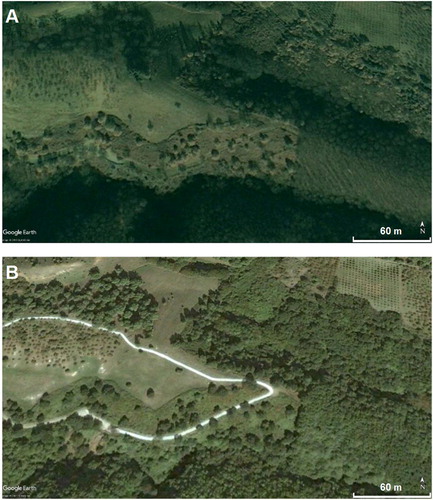 Figure 1. Comparison between two satellite images (between August 2004 (A) and November 2004 (B)) from Google Earth® constrains the timing of the construction of the reinforced concrete road.