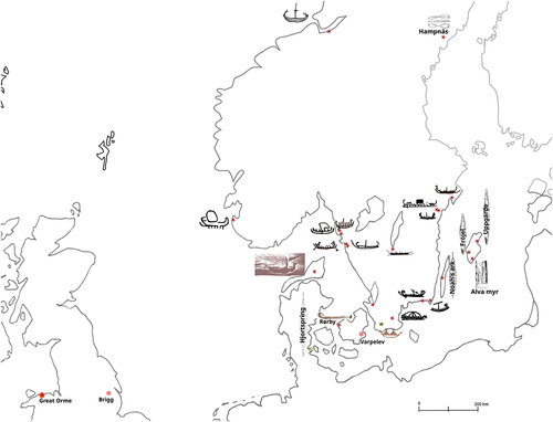 Fig. 2. Locations of some of the imagery, boats and artefacts featured in this article (after Bengtsson Citation2017, Citation2024).