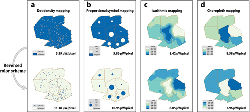 Figure 11. A comparison of the energy consumption of four types of symbolization: (a) dot density mapping; (b) proportional symbol mapping; (c) isarithmic mapping; and (d) choropleth mapping.
