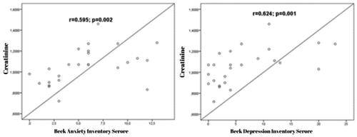 Figure 2. The correlation graph between BAI (Beck Anxiety Inventory) scores, BDI (Beck Depression Inventory) scores, and creatinine.