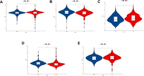 Figure 10 Drug sensitivity analysis between high-risk and low-risk group. (A) The IC50 of Cisplatin between the two groups; (B) The IC50 of Gemcitabine between the two groups; (C) The IC50 of Paclitaxel between the two groups; (D) The IC50 of Gefitinib between the two groups; (E) The IC50 of Erlotinib between the two groups. ns: no significance, *P<0.05, **P<0.01; ***P<0.001.