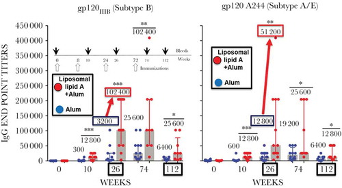 Figure 2. AVEG015 study design and antibody responses to gp120 proteins. The vaccination schedule (hollow arrows) and bleeds (bold arrows) are shown. Antigen-specific IgG end point titers to subtype B gp120IIIB (left panel) and subtype A/E gp120 A244 as determined by ELISA are shown. Each dot depicts the arithmetic mean endpoint titer for an individual sample assayed in triplicate. Gray bars represent median endpoint titers and error bars represent interquartile range. The numbers on top represent the median titer for each time point. At week 26 (2 weeks postthird immunization), there was a 32-fold and a fourfold increase (denoted by red arrows) in the gp120IIIB and gp120 A244 titers between the alum and the liposomal groups. Significance between the two arms are noted above the bars (* P ≤.05;** P ≤ .005; ***, P ≤ .0005; 2-tailed Mann-Whitney U test). Reused with permission from [Citation25].