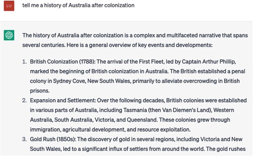 Figure 12. ChatGPT response to ‘tell me a history of Australia after colonization’ (excerpt).