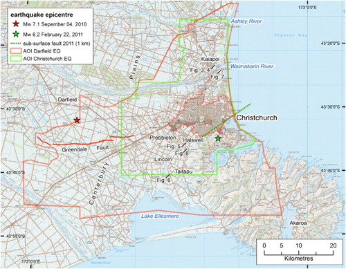 Figure 1. Overview of the Christchurch area, showing the epicentres of the Darfield and Christchurch earthquakes (stars), and the areas of interest (AOI) for which we have mapped the effects of liquefaction. Note that the central city area (dashed outline) was mapped on the ground by The University of Canterbury and Tonkin & Taylor, not from aerial image interpretation. Surface trace of the Greendale Fault is from Langridge et al. (Citation2016) and sub-surface fault (green dashed line, location of dipping fault plane as projected to within c. 1 km of the ground surface) is from http://www.gns.cri.nz/Home/Our-Science/Natural-Hazards/Recent-Events/Canterbury-quake/Hidden-fault. Earthquake epicentres are from GeoNet and background map is LINZ Topo250.