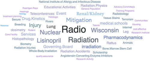 Figure 1. Research, Condition, and Disease Categorization (RCDC) Word Cloud for John E. Moulder’s NIH grants portfolio. The RCDC is a computer-based process that compiles a list of all the NIH-funded grants and contracts into specific categories such as research area, disease, or condition.