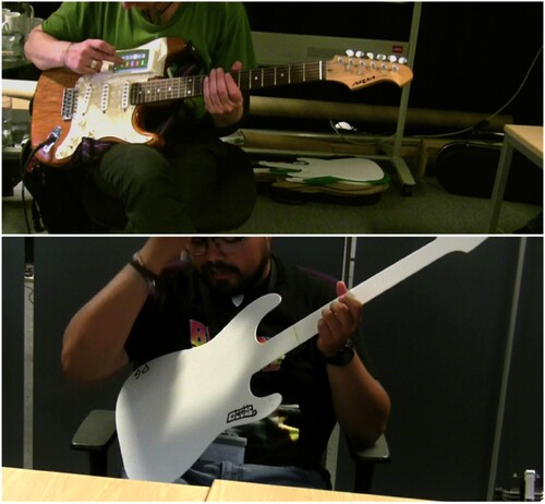 Figure 1. (Above) Participant using the touch controls mounted on the guitar. (Below) Sketch of instrument-mounted controls on acrylic guitar.